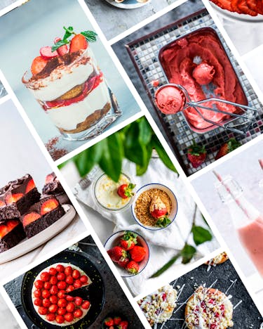 Viele verschiedene Rezept-Fotos mit Erdbeeren in einem schrägen Raster.
