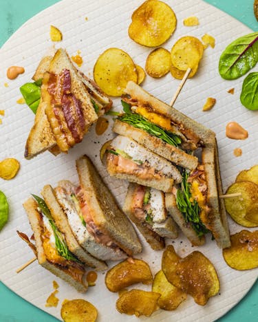 Gevierteltes Club Sandwich mit selbstgemachten Kartoffel-Chips und Rucola vor türkisem Hintergrund