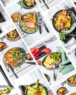 Collage verschiedener Rezeptbilder wie Erbsensuppe, Selleriespaghetti und Hummus.