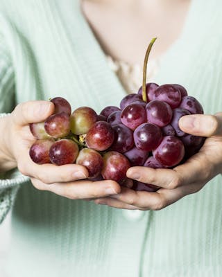 Rote Weintrauben in Händen dahinter türkiser Pulli