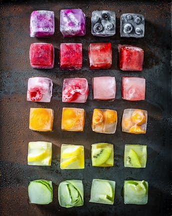 Eingefrorene bunte Früchte und Gurkenstreifen für Regenbogen-Eiswürfel