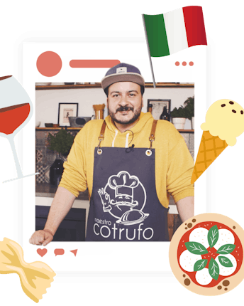 Giuseppe steht in einer Küche, um ihn herum verschiedene italienische Symbole