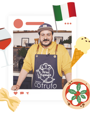 Giuseppe steht in einer Küche, um ihn herum verschiedene italienische Symbole