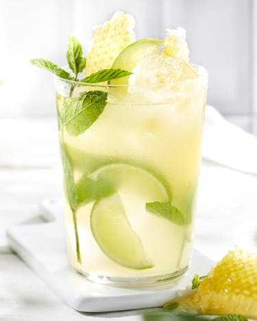 Ein großes Glas Limonade mit Limetten, Minze, Honigwaben und Eis gefüllt ist hinter einer Karaffe und vor einer Minz-Pflanze fokussiert.