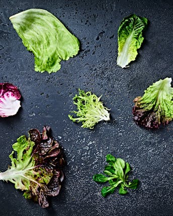 Compilationfoto von einzelnen Salatblättern als Topshot von oben auf einem dunklen Untergrund