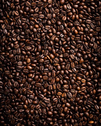 Nahaufnahme von dunkelbraun gerösteten Kaffeebohnen der Sorte Arabica